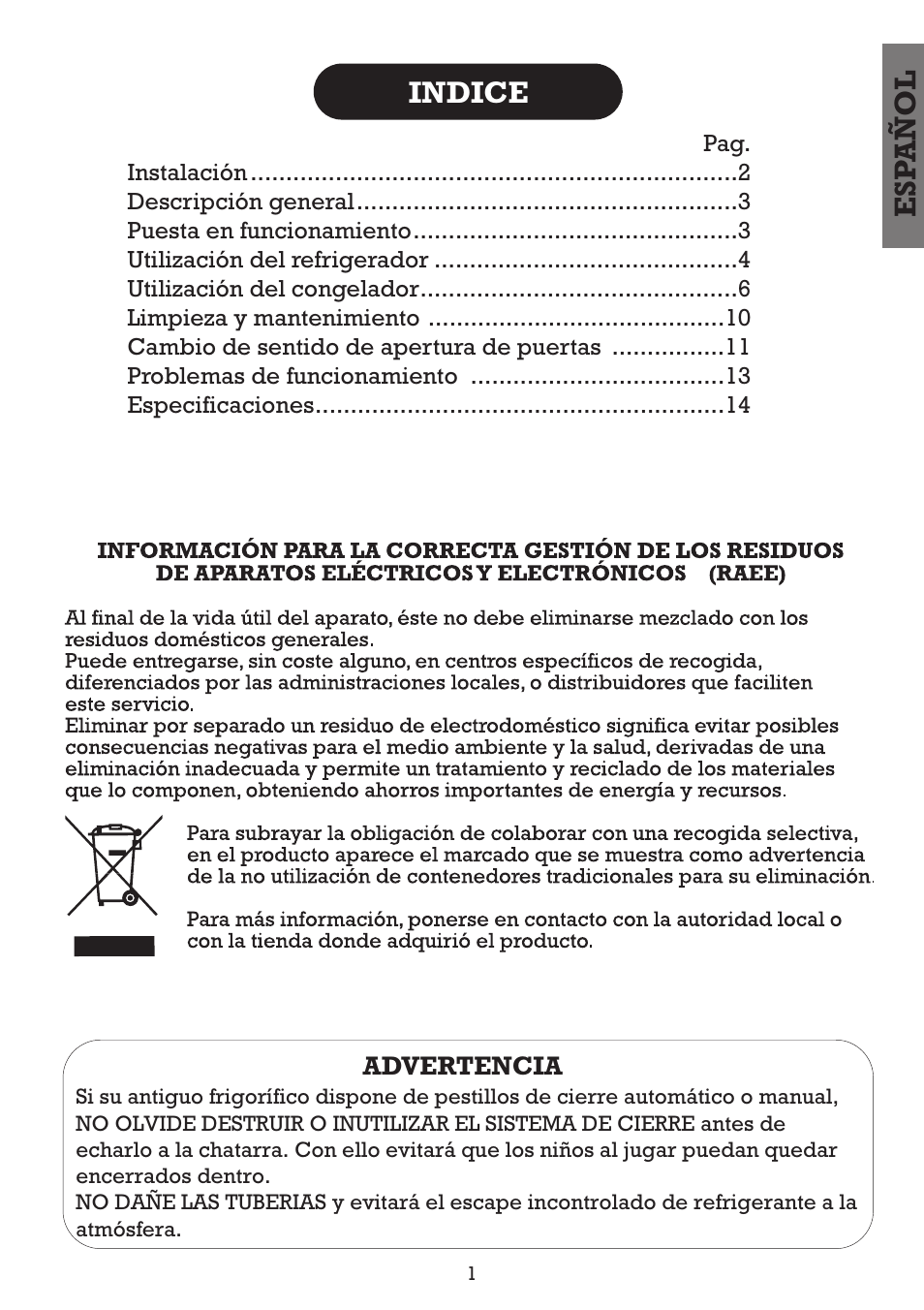 Esp añol indice | Fagor FFJ2667 User Manual | Page 3 / 88