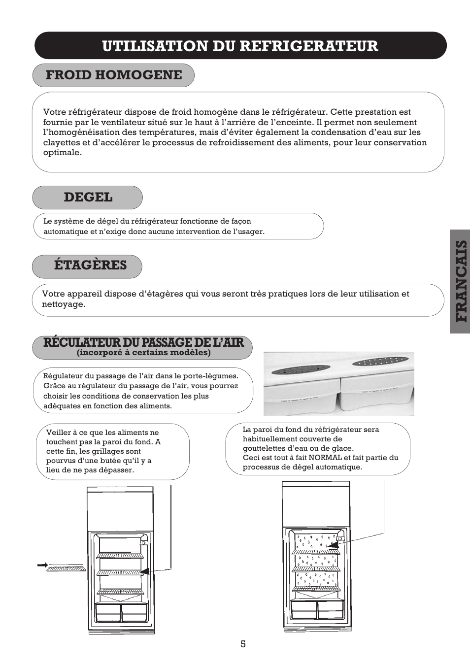 Franc ais, Utilisation du refrigerateur, Degel | Réculateur du passage de l’air, Froid homogene, Étagères | Fagor FFJ2667 User Manual | Page 35 / 88