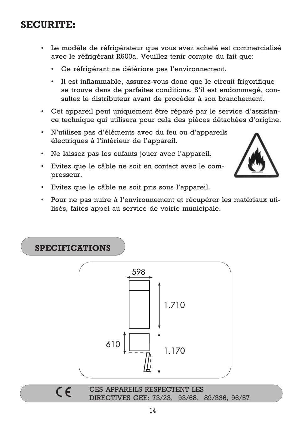 Securite, Specifications | Fagor FFJ2667 User Manual | Page 44 / 88