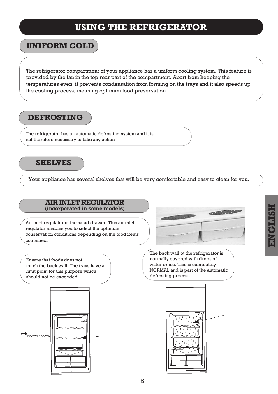 English, Using the refrigerator, Defrosting | Uniform cold, Air inlet regulator, Shelves | Fagor FFJ2667 User Manual | Page 49 / 88