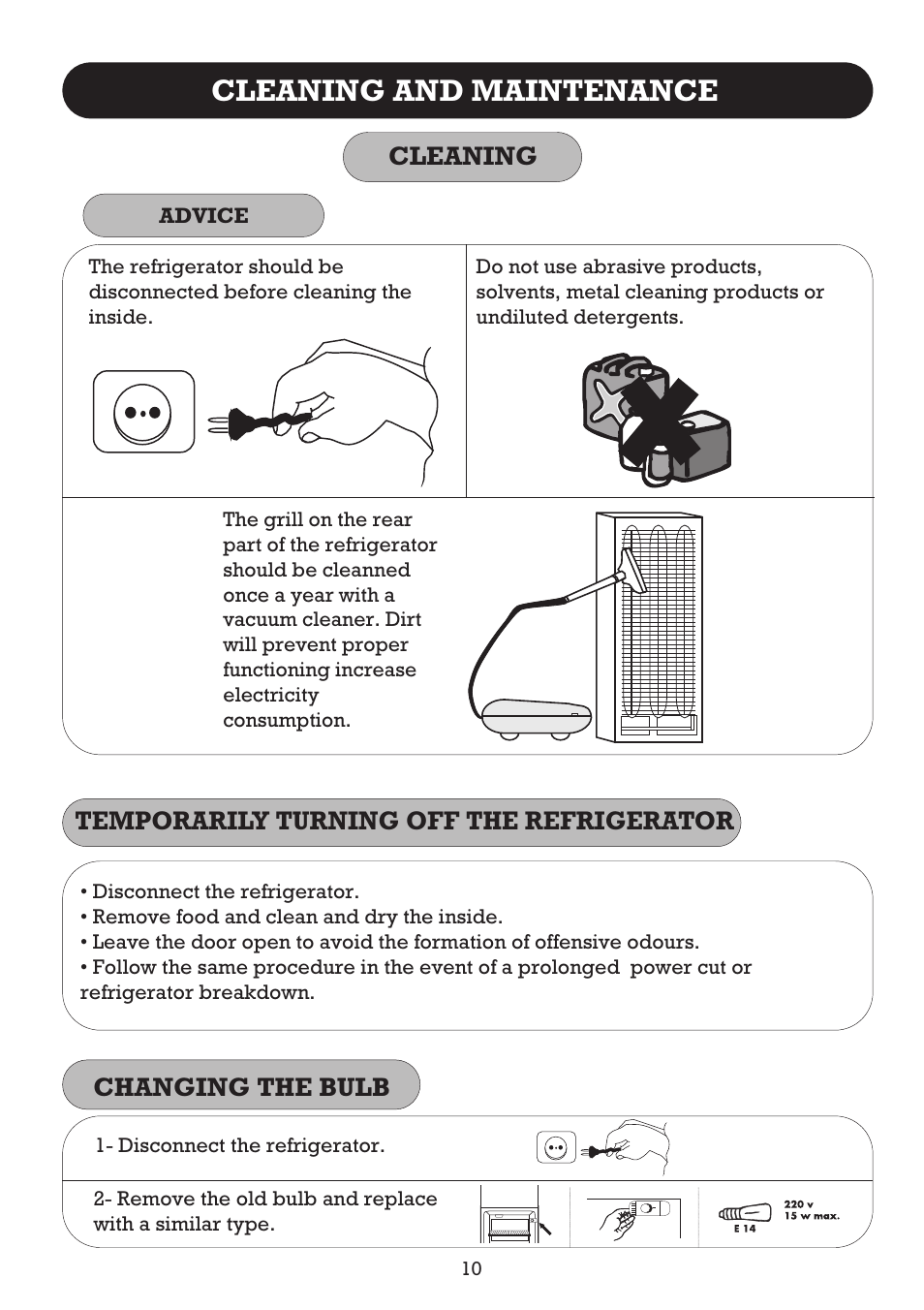 Cleaning and maintenance, Cleaning, Temporarily turning off the refrigerator | Changing the bulb | Fagor FFJ2667 User Manual | Page 54 / 88