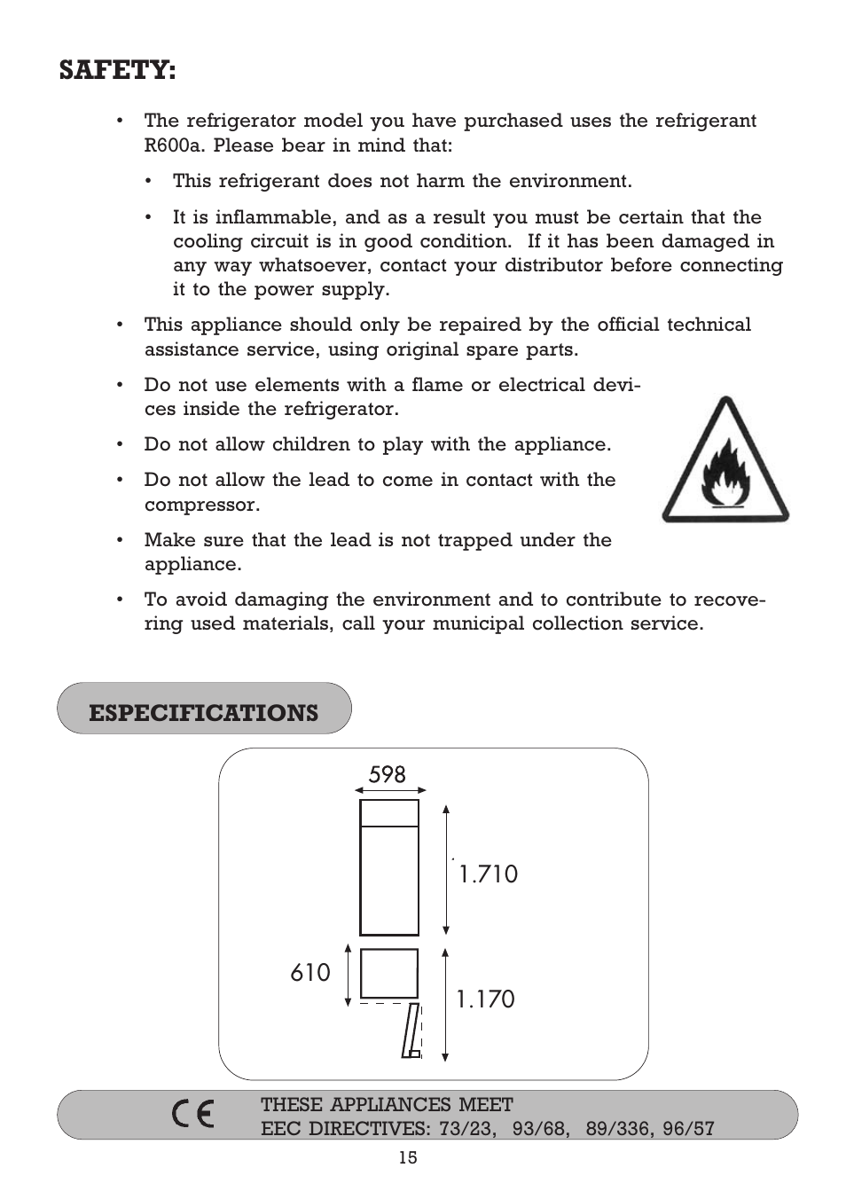 Safety, Especifications | Fagor FFJ2667 User Manual | Page 58 / 88