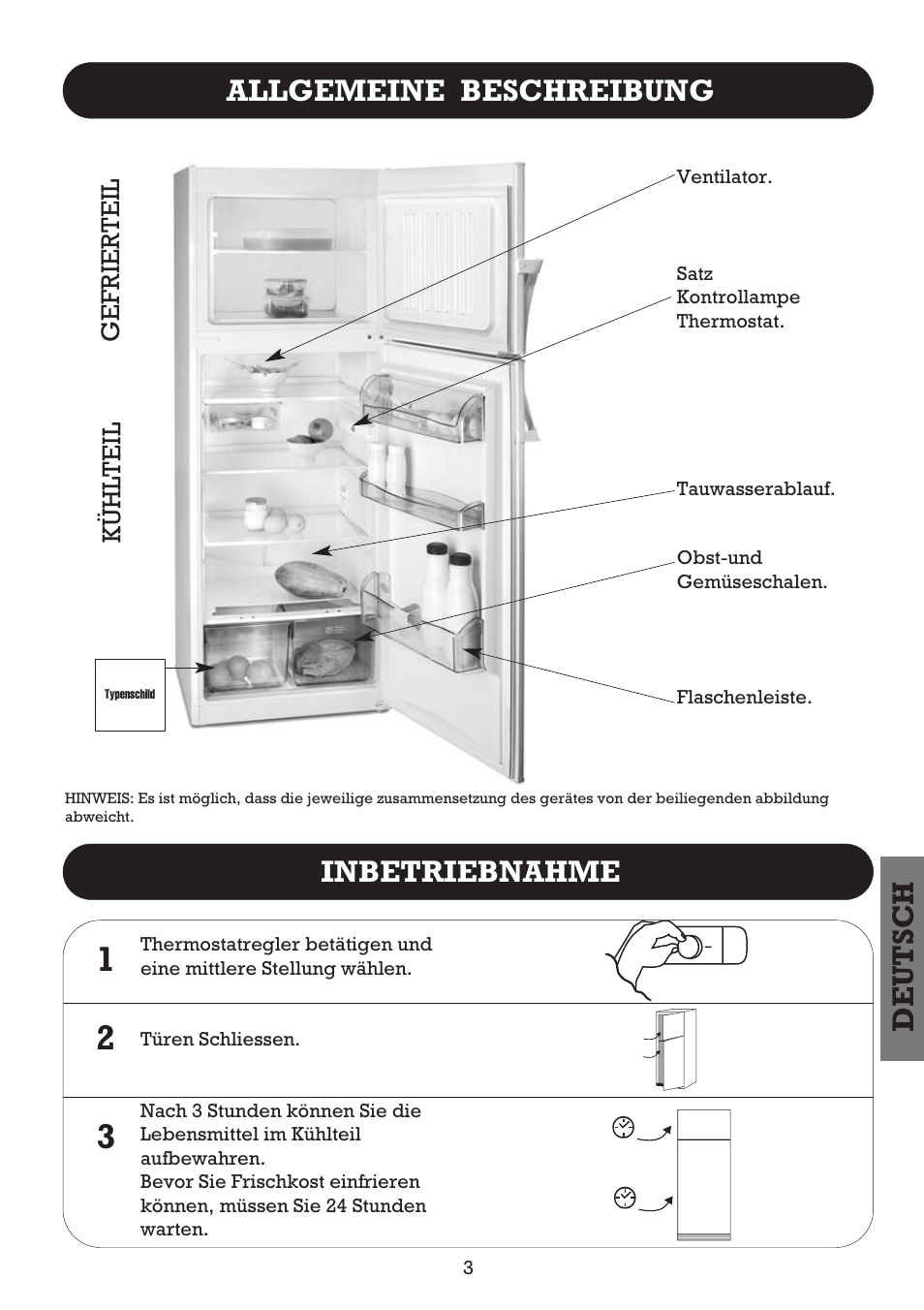 Deutsch inbetriebnahme, Allgemeine beschreibung, Kühlteil gefrierteil | Fagor FFJ2667 User Manual | Page 61 / 88
