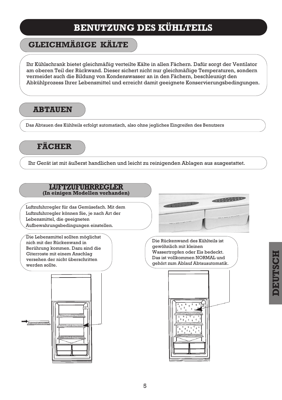 Deutsch, Benutzung des kühlteils, Abtauen | Gleichmäßige kälte, Luftzufuhrregler, Fächer | Fagor FFJ2667 User Manual | Page 63 / 88