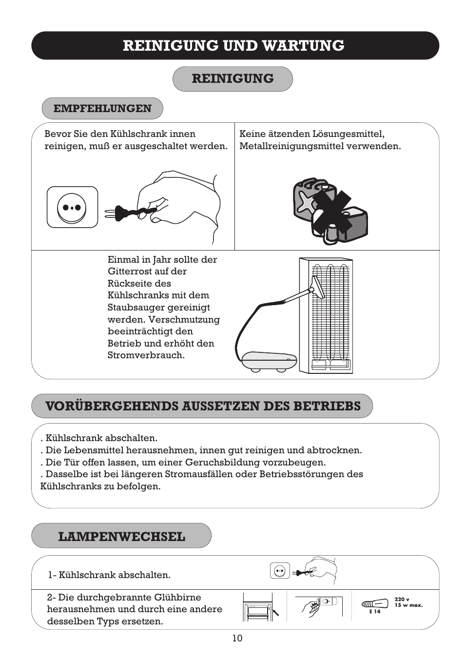 Reinigung und wartung, Reinigung, Vorübergehends aussetzen des betriebs | Lampenwechsel | Fagor FFJ2667 User Manual | Page 68 / 88