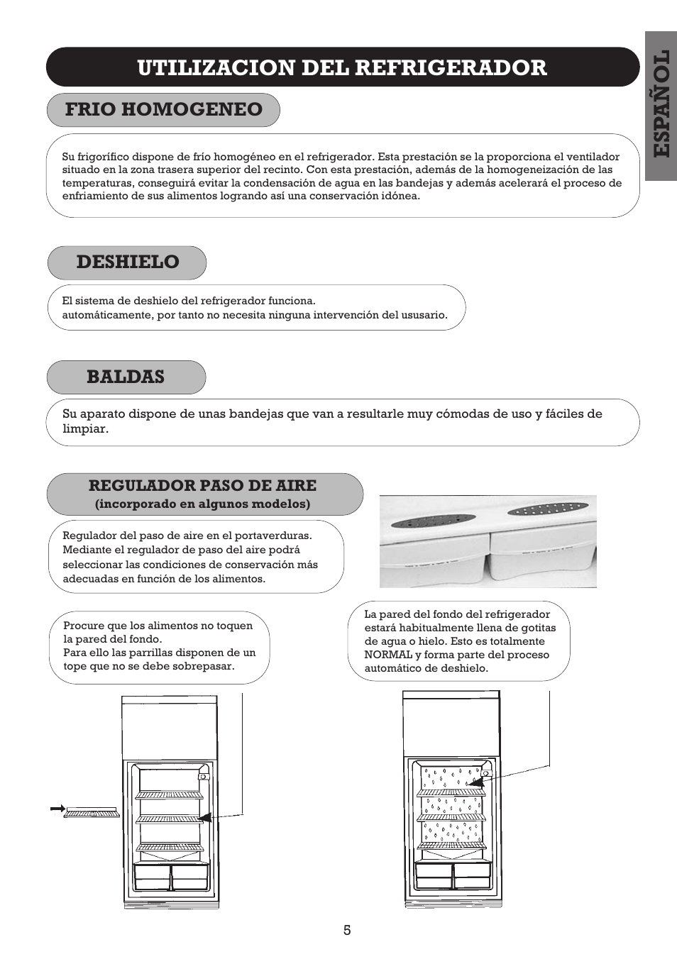 Esp añol utilizacion del refrigerador, Deshielo frio homogeneo, Baldas | Fagor FFJ2667 User Manual | Page 7 / 88