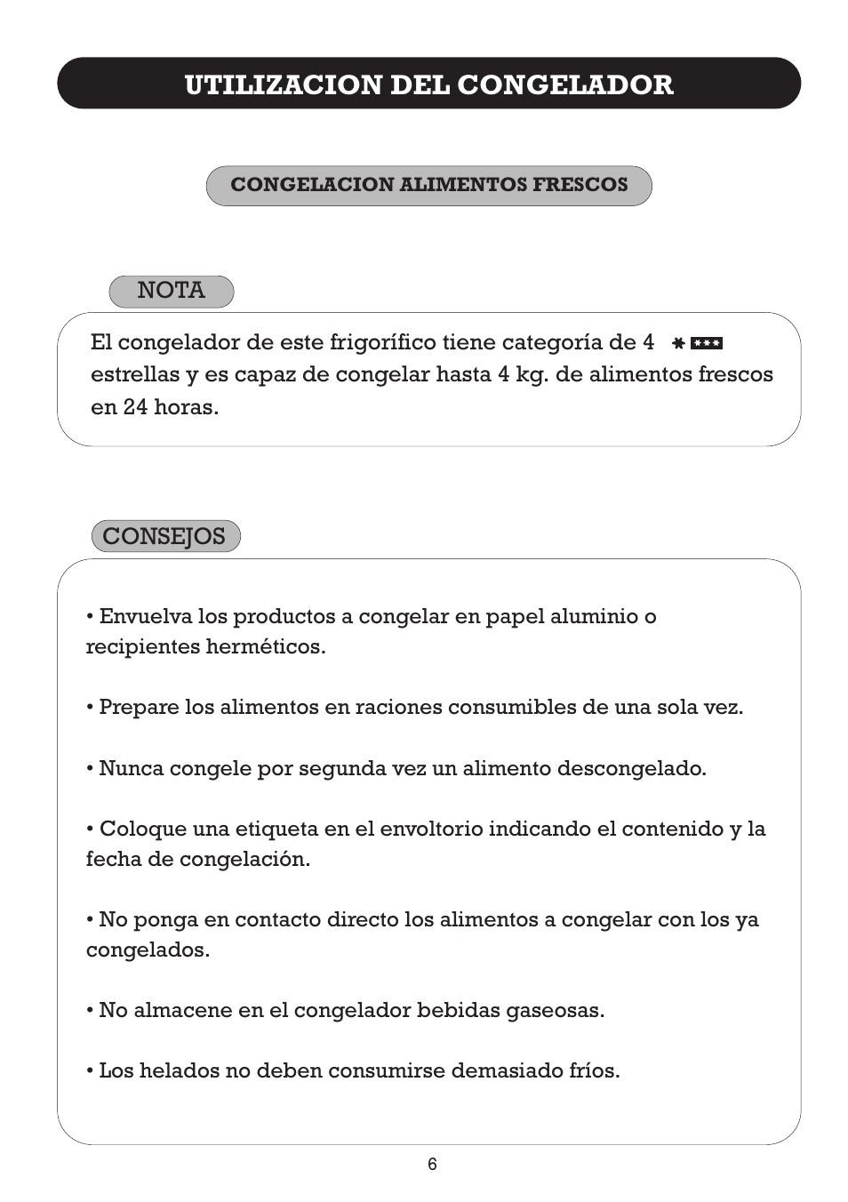 Utilizacion del congelador | Fagor FFJ2667 User Manual | Page 8 / 88