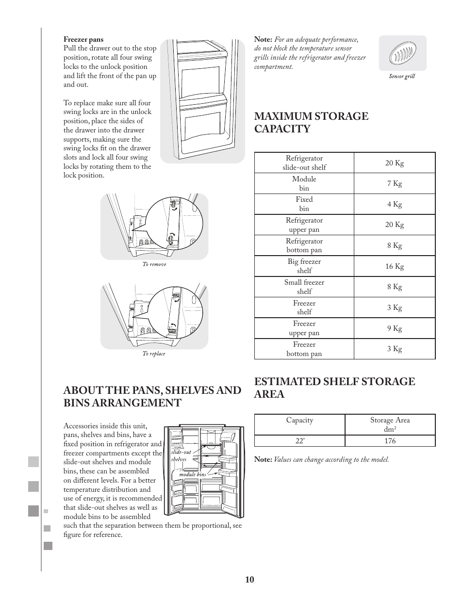 About the pans, shelves and bins arrangement, Maximum storage capacity, Estimated shelf storage area | Fagor FQ8965X User Manual | Page 10 / 122