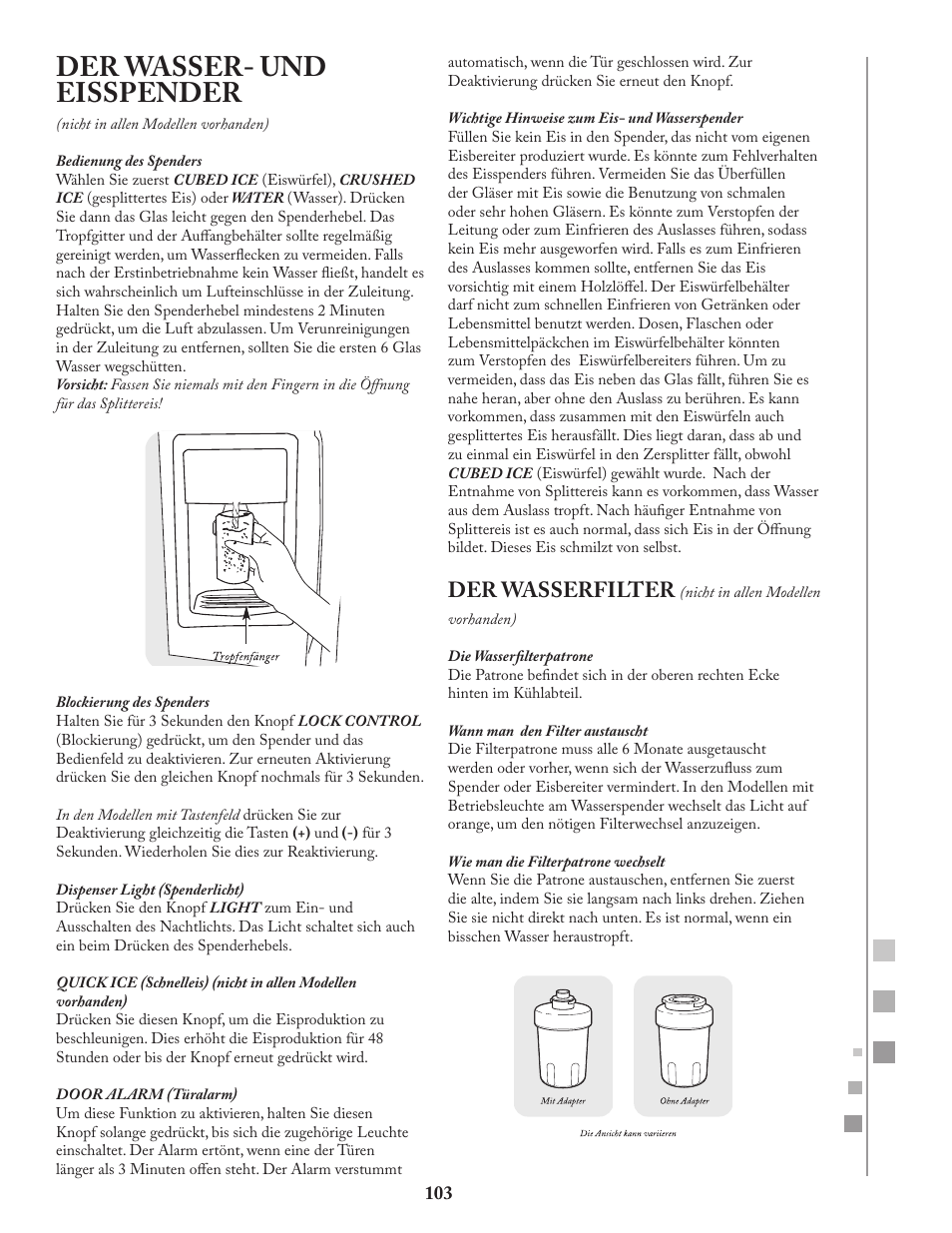 Der wasser- und eisspender, Der wasserfilter | Fagor FQ8965X User Manual | Page 103 / 122
