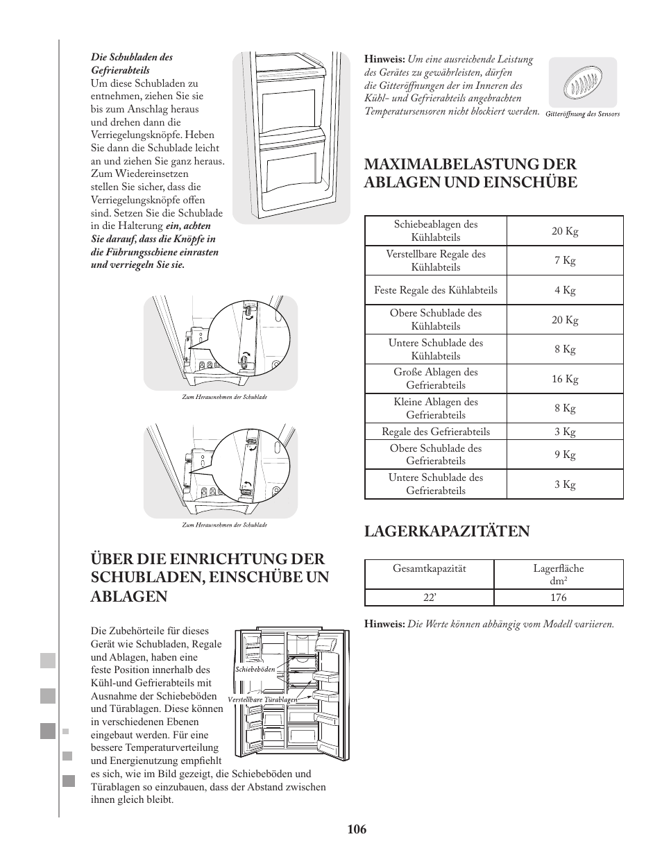 Maximalbelastung der ablagen und einschübe, Lagerkapazitäten | Fagor FQ8965X User Manual | Page 106 / 122