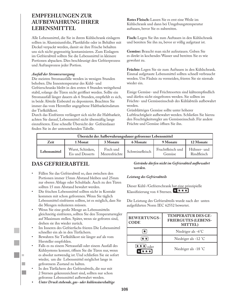 Empfehlungen zur aufbewahrung ihrer lebensmittel, Das gefrierabteil | Fagor FQ8965X User Manual | Page 108 / 122