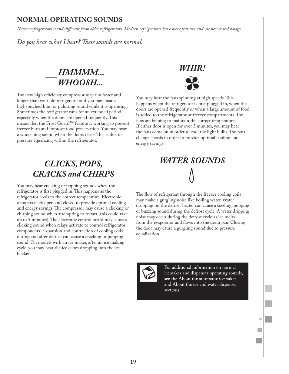 Normal operating sounds, Do you hear what i hear? these sounds are normal | Fagor FQ8965X User Manual | Page 19 / 122