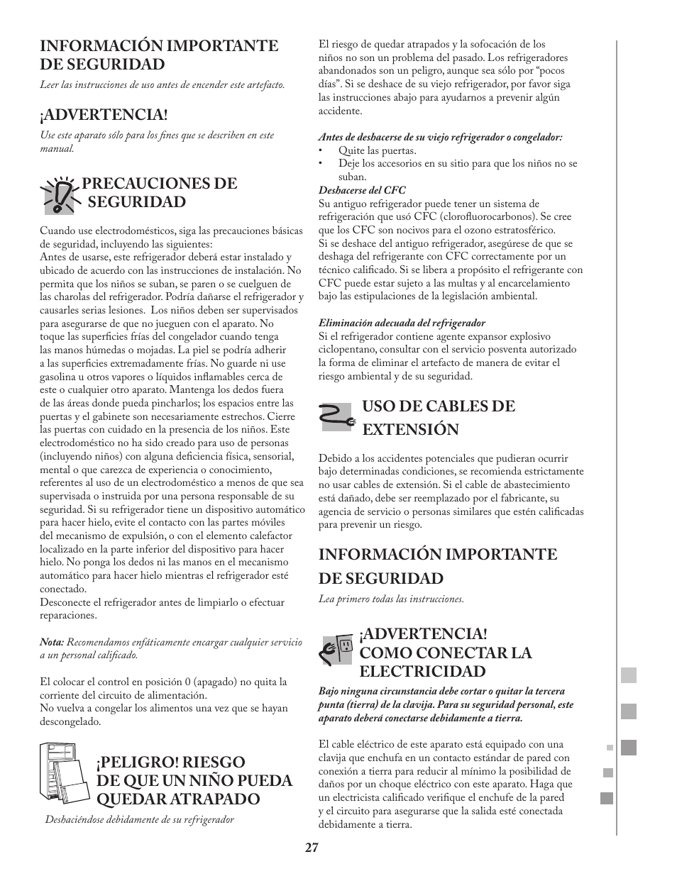 Información importante de seguridad, Advertencia, Precauciones de seguridad | Uso de cables de extensión, Advertencia! como conectar la electricidad | Fagor FQ8965X User Manual | Page 27 / 122