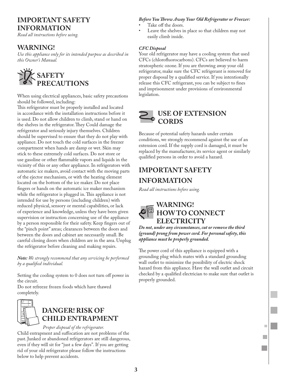 Important safety information, Warning, Safety precautions | Danger! risk of child entrapment, Use of extension cords, Warning! how to connect electricity | Fagor FQ8965X User Manual | Page 3 / 122