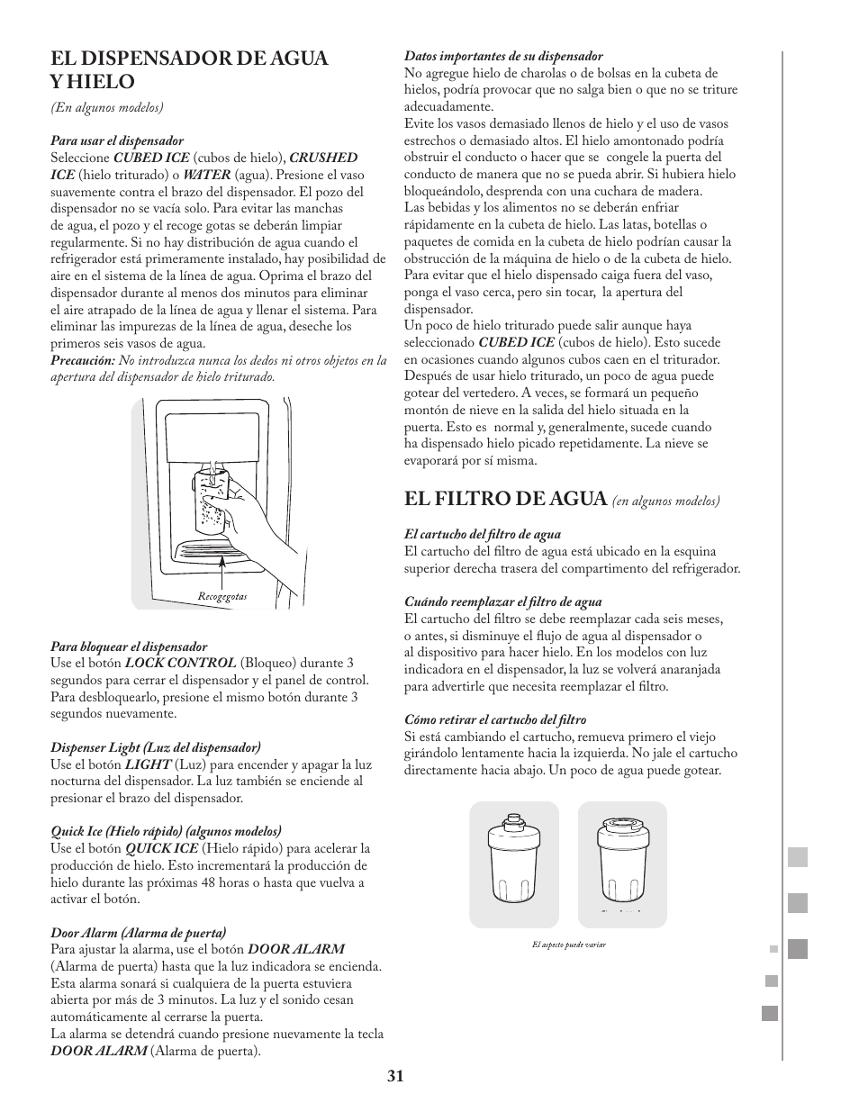 El dispensador de agua y hielo, El filtro de agua | Fagor FQ8965X User Manual | Page 31 / 122