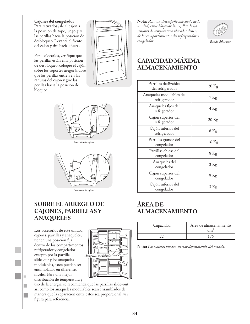 Sobre el arreglo de cajones, parrillas y anaqueles, Capacidad máxima almacenamiento, Área de almacenamiento | Fagor FQ8965X User Manual | Page 34 / 122