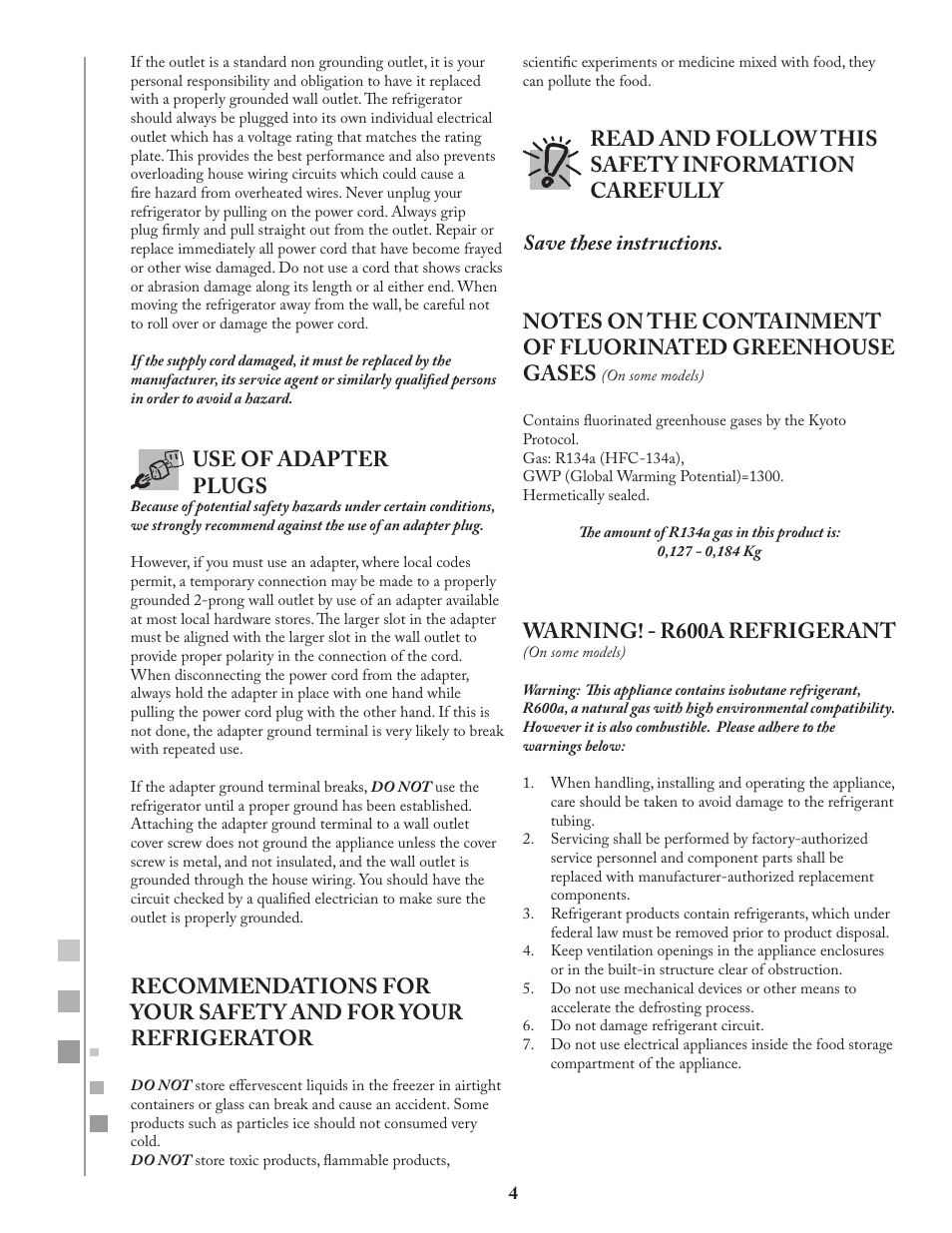 Use of adapter plugs, Warning! - r600a refrigerant | Fagor FQ8965X User Manual | Page 4 / 122