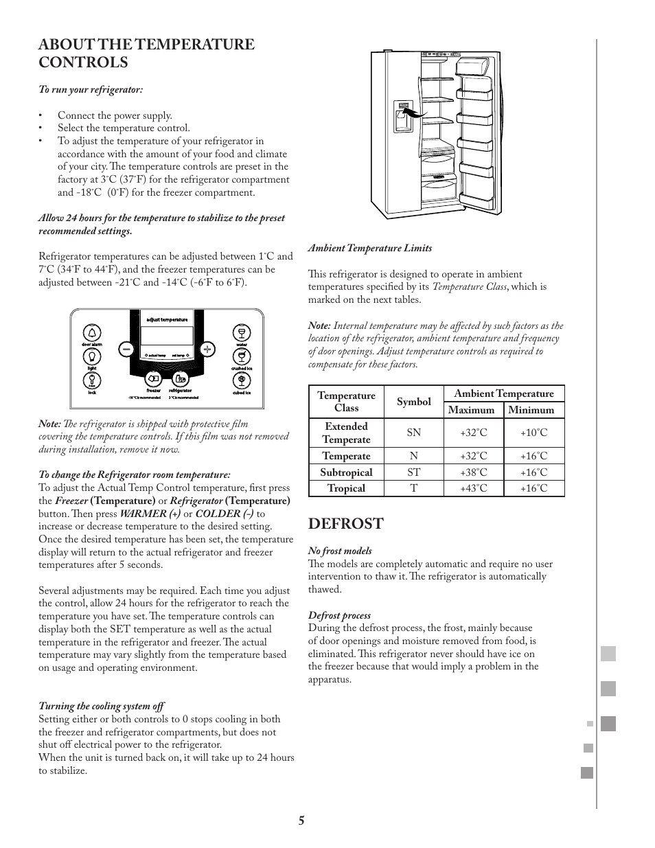 About the temperature controls, Defrost | Fagor FQ8965X User Manual | Page 5 / 122