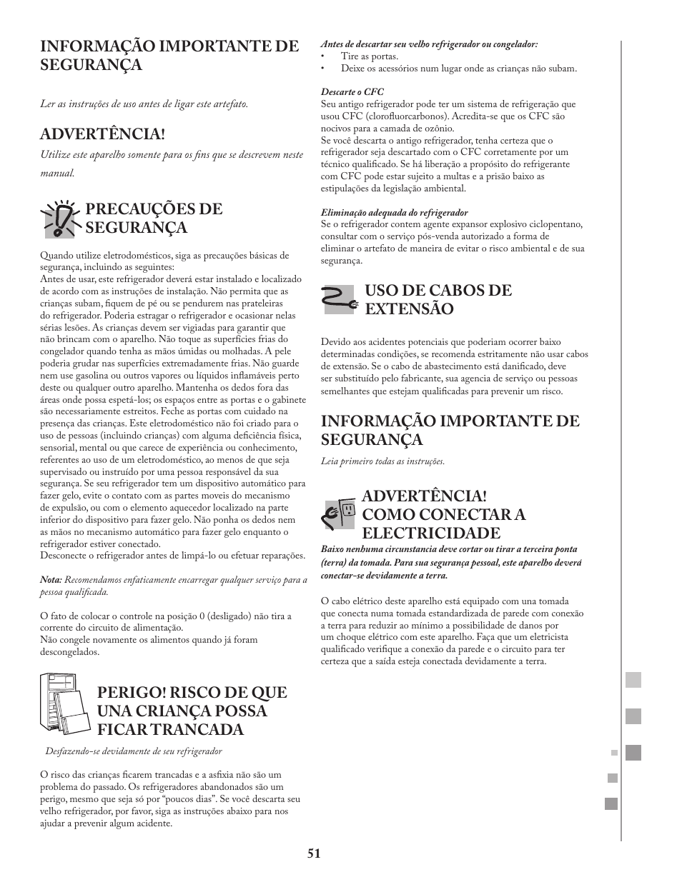 Informação importante de segurança, Advertência, Precauções de segurança | Uso de cabos de extensão, Advertência! como conectar a electricidade | Fagor FQ8965X User Manual | Page 51 / 122