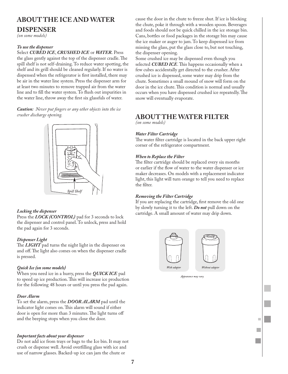 About the ice and water dispenser, About the water filter | Fagor FQ8965X User Manual | Page 7 / 122