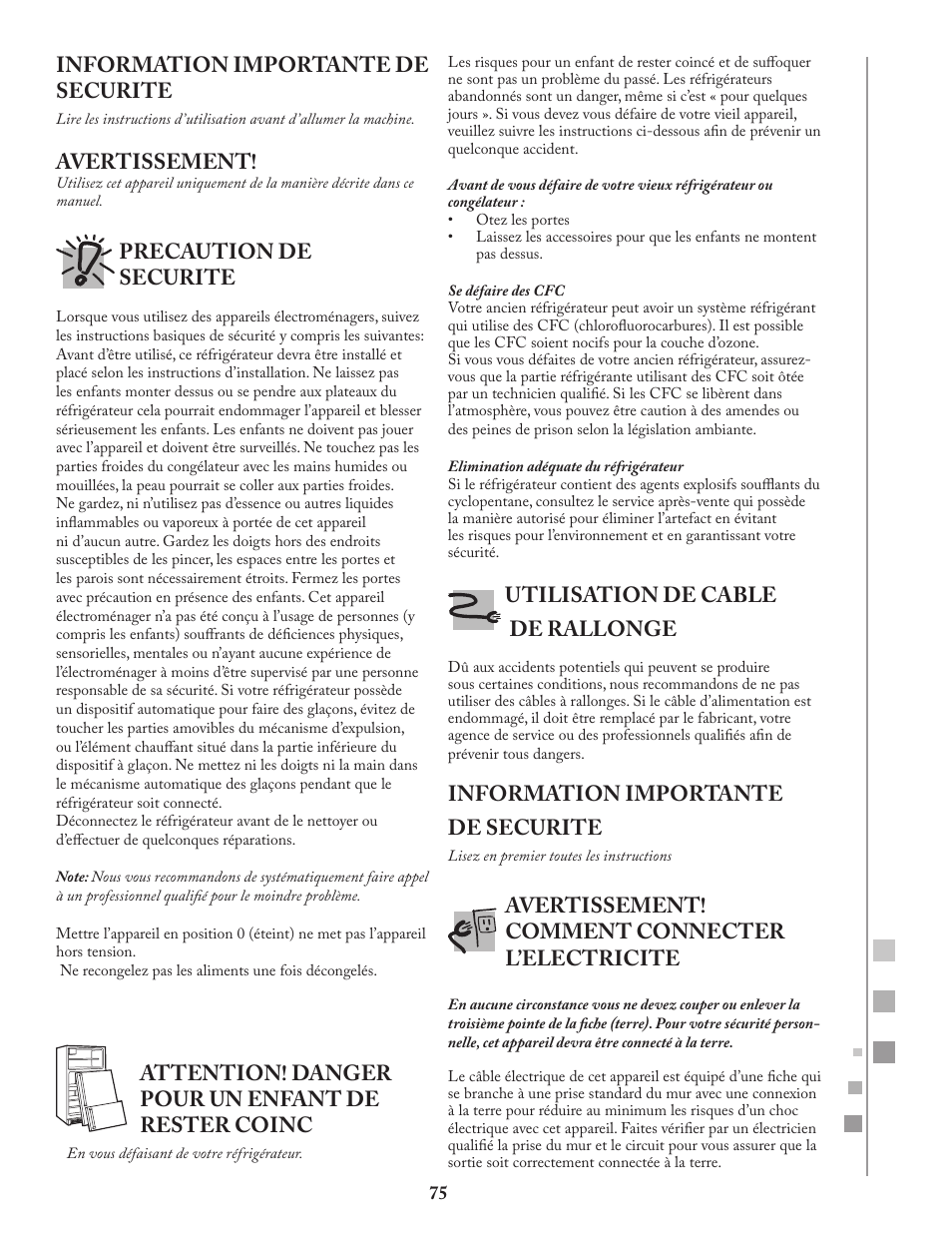 Information importante de securite, Avertissement, Precaution de securite | Attention! danger pour un enfant de rester coinc, Utilisation de cable de rallonge, Avertissement! comment connecter l’electricite | Fagor FQ8965X User Manual | Page 75 / 122