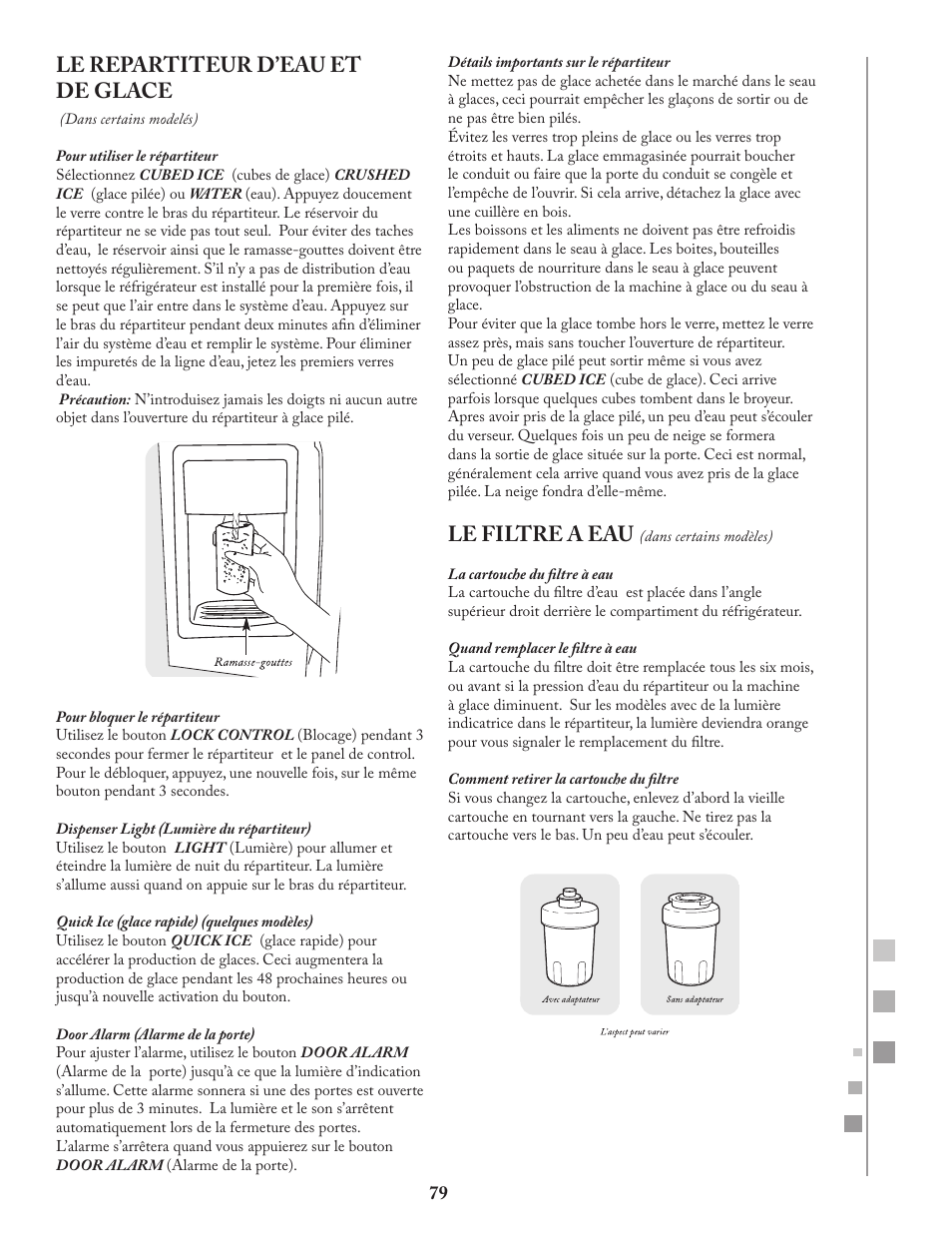 Le repartiteur d’eau et de glace, Le filtre a eau | Fagor FQ8965X User Manual | Page 79 / 122