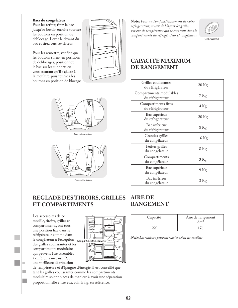 Reglade des tiroirs, grilles et compartiments, Capacite maximum de rangement, Aire de rangement | Fagor FQ8965X User Manual | Page 82 / 122