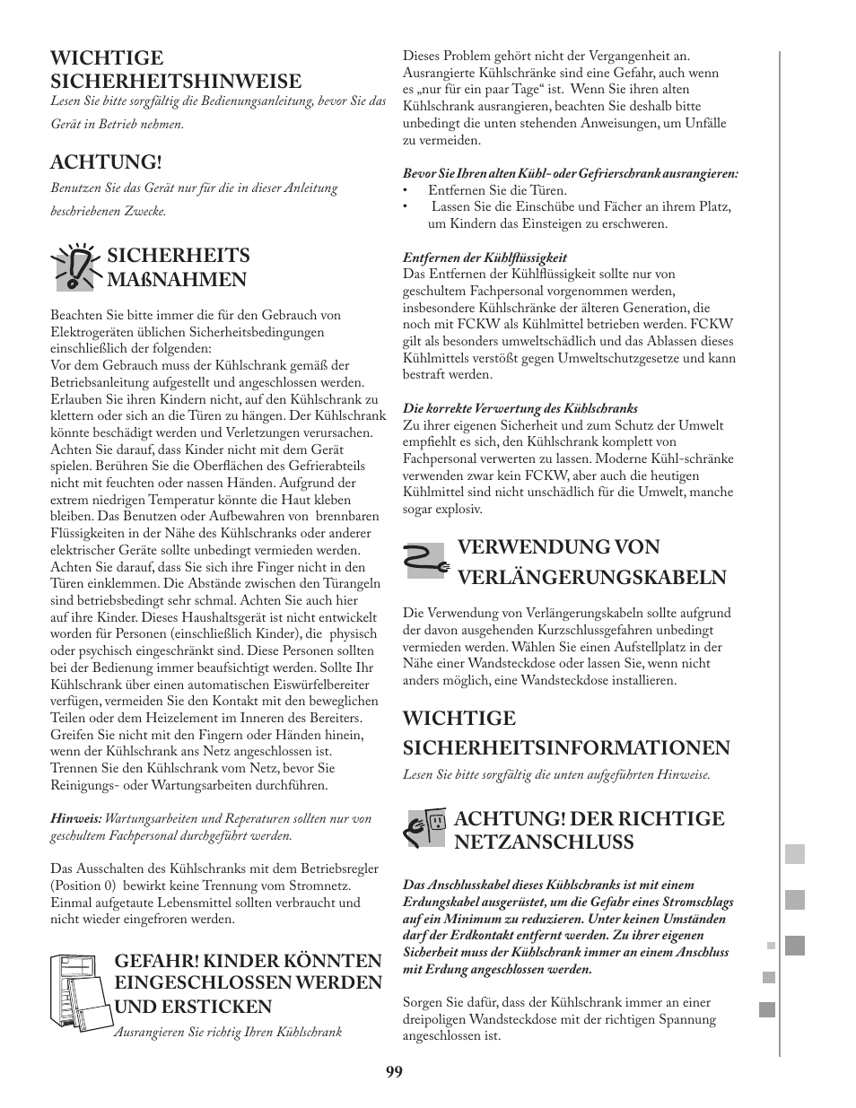 Wichtige sicherheitshinweise, Achtung, Sicherheits maßnahmen | Verwendung von verlängerungskabeln, Wichtige sicherheitsinformationen, Achtung! der richtige netzanschluss | Fagor FQ8965X User Manual | Page 99 / 122