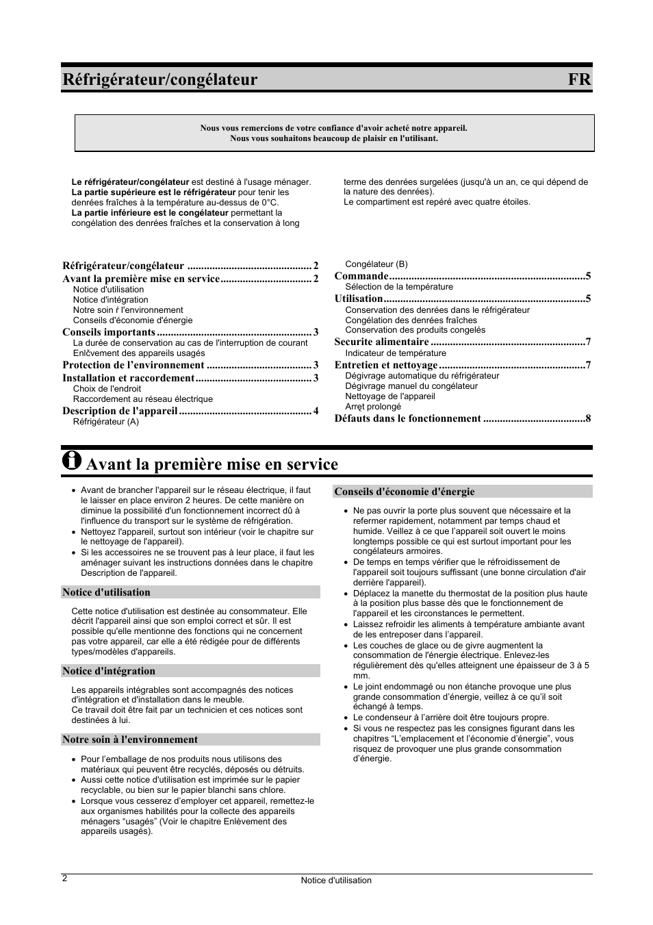 Réfrigérateur/congélateur fr, Avant la première mise en service | Fagor FIC-542 User Manual | Page 2 / 56