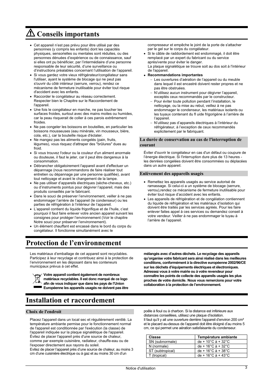 Conseils importants, Protection de l’environnement, Installation et raccordement | Fagor FIC-542 User Manual | Page 3 / 56