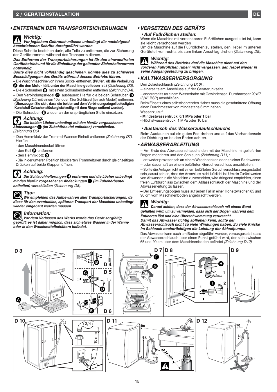 Versetzen des geräts, Kaltwasserversorgung, Abwasserableitung | Fagor FET-6412WS User Manual | Page 15 / 60