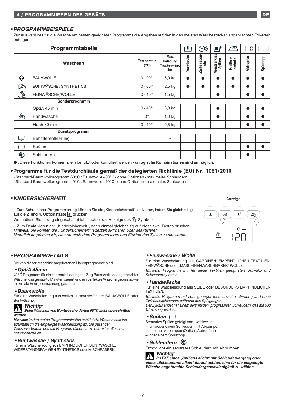 Programmtabelle, Programmbeispiele, Kindersicherheit | Programmdetails, Optia 45min, Baumwolle, Wichtig, Buntwäsche / synthetics, Feinwäsche / wolle, Handwäsche | Fagor FET-6412WS User Manual | Page 19 / 60