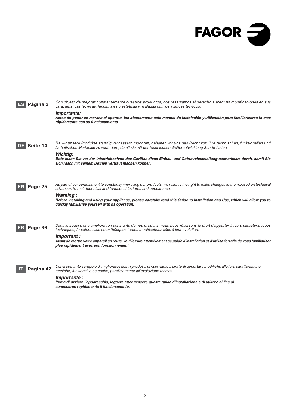 Fagor FET-6412WS User Manual | Page 2 / 60