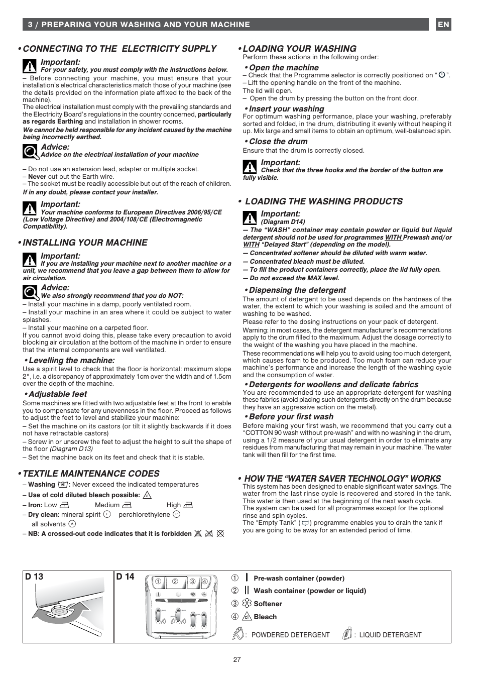 Connecting to the electricity supply, Installing your machine, Textile maintenance codes | Loading your washing, Loading the washing products, How the “water saver technology” works, D 13 d 14 | Fagor FET-6412WS User Manual | Page 27 / 60