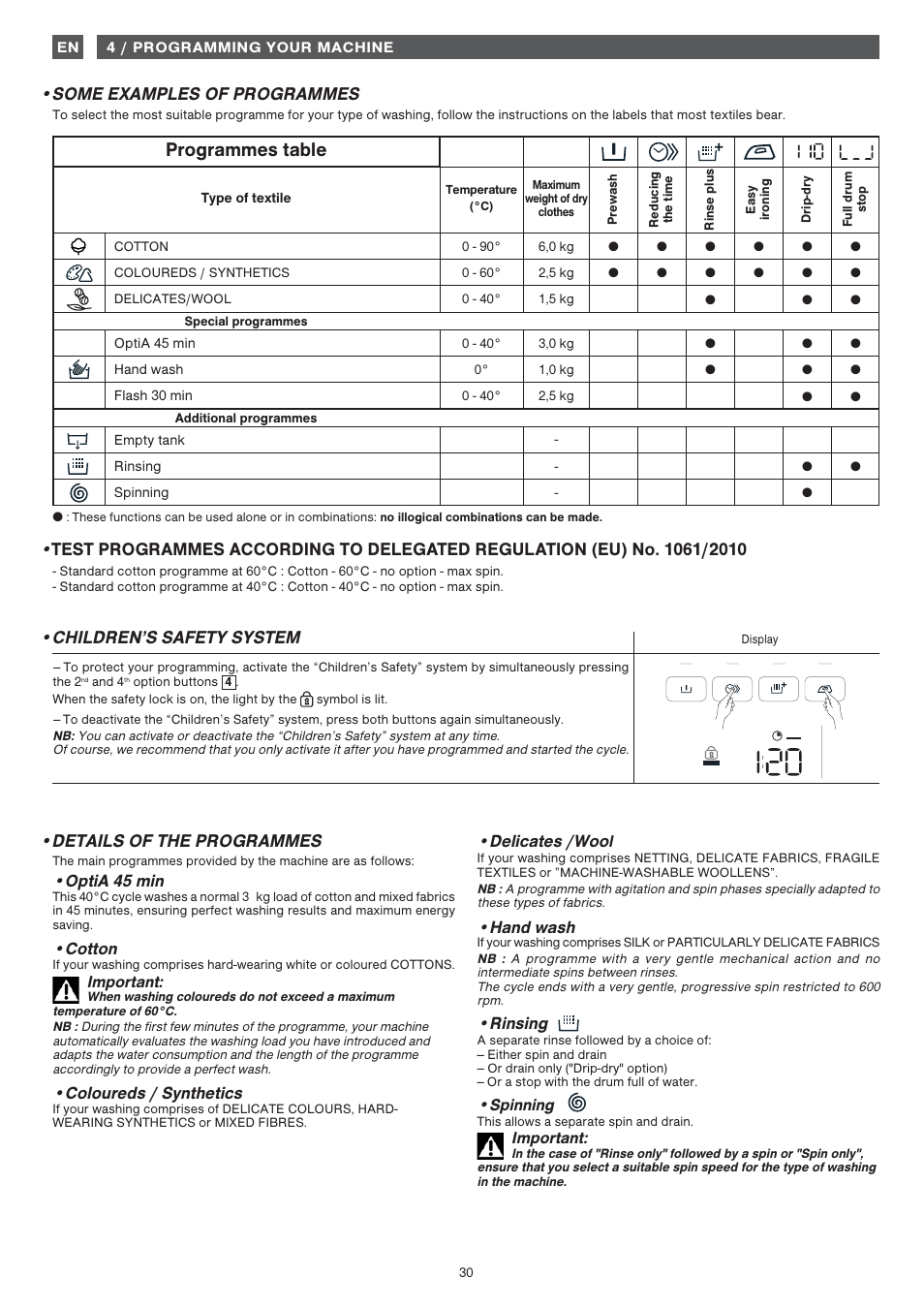 Programmes table, Children’s safety system, Optia 45 min | Cotton, Important, Coloureds / synthetics, Delicates /wool, Hand wash, Rinsing, Spinning | Fagor FET-6412WS User Manual | Page 30 / 60