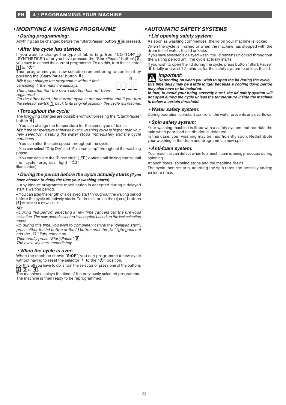 Modifying a washing programme, Automatic safety systems | Fagor FET-6412WS User Manual | Page 32 / 60