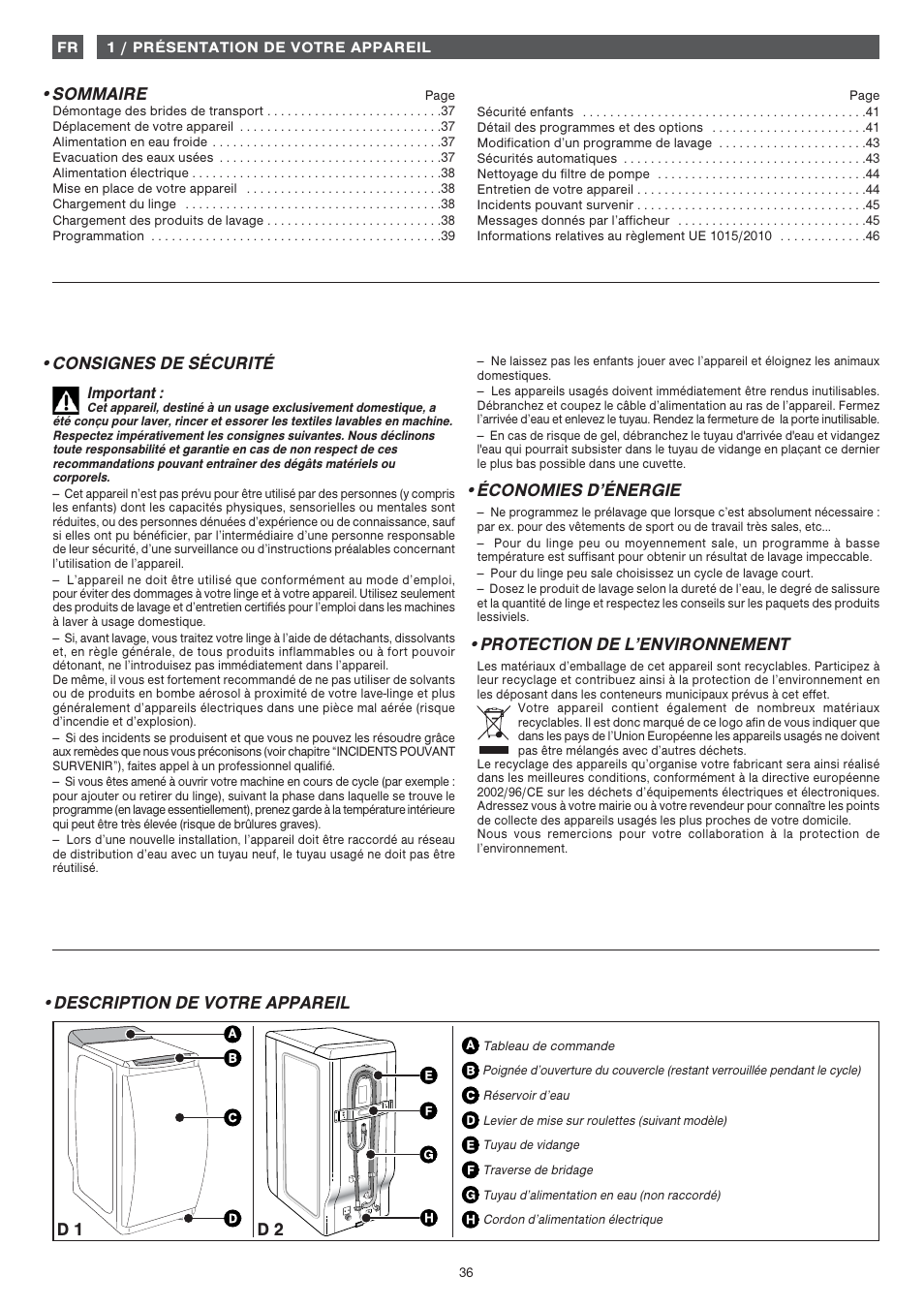 Sommaire, Consignes de sécurité, Économies d’énergie | Protection de l’environnement, Description de votre appareil, D 1 d 2 | Fagor FET-6412WS User Manual | Page 36 / 60