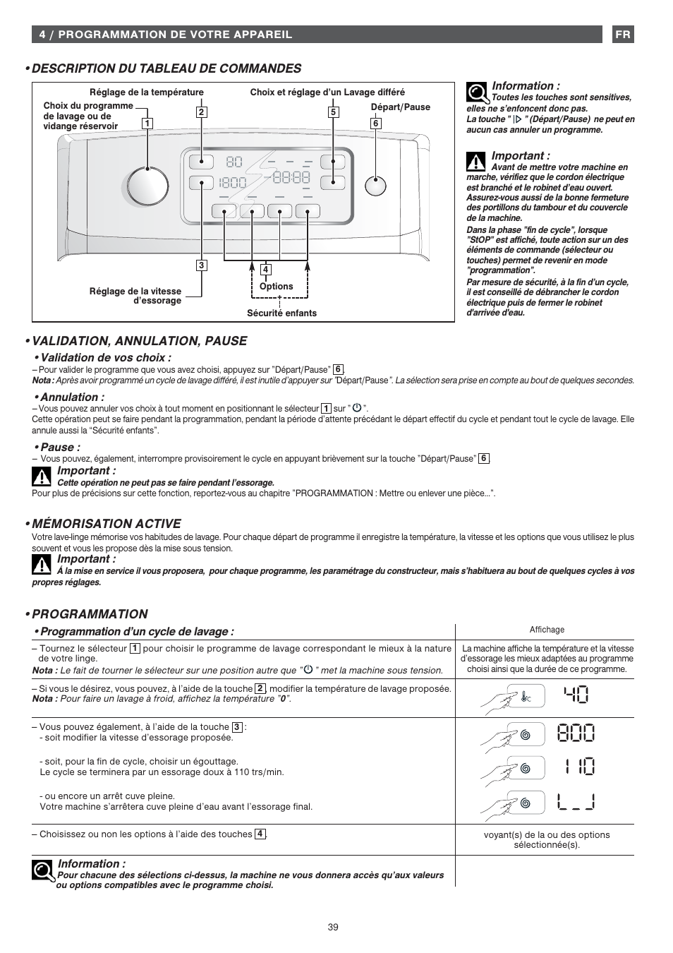 Description du tableau de commandes, Validation, annulation, pause, Mémorisation active | Programmation | Fagor FET-6412WS User Manual | Page 39 / 60