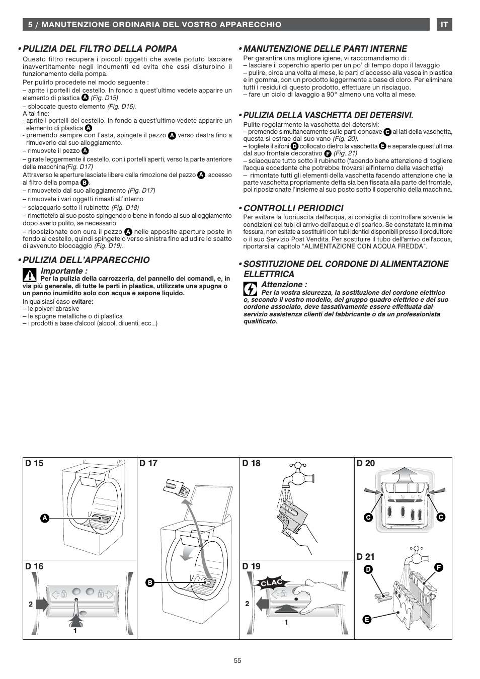 Pulizia del filtro della pompa, Pulizia dell’apparecchio, Manutenzione delle parti interne | Pulizia della vaschetta dei detersivi, Controlli periodici, D 16 | Fagor FET-6412WS User Manual | Page 55 / 60