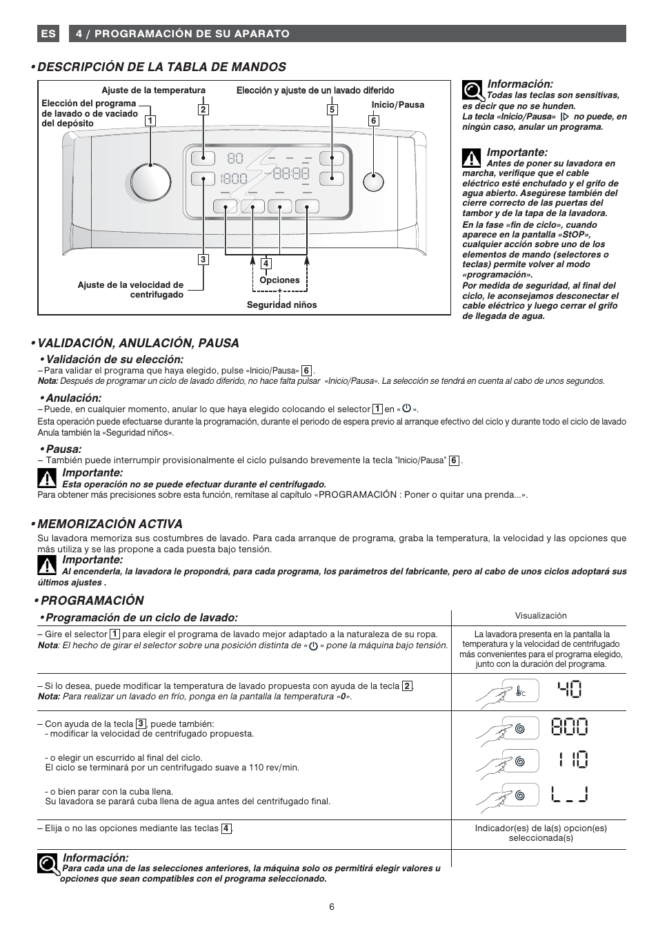 Programación, Descripción de la tabla de mandos, Validación, anulación, pausa | Información, Programación de un ciclo de lavado, Importante, Validación de su elección, Anulación, Pausa | Fagor FET-6412WS User Manual | Page 6 / 60