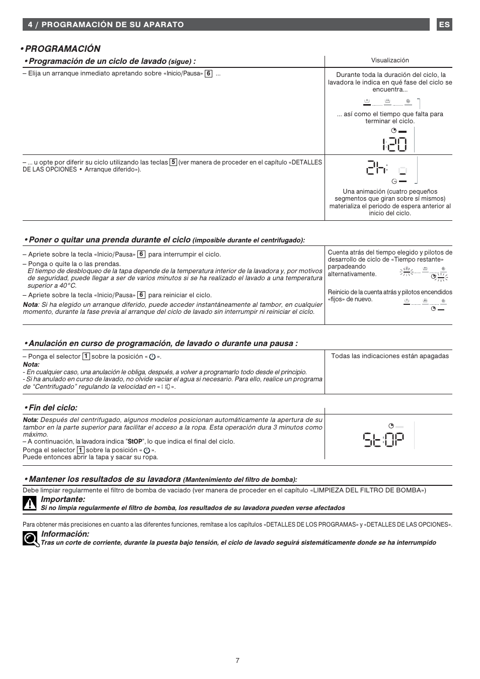 Programación, Programación de un ciclo de lavado, Poner o quitar una prenda durante el ciclo | Fin del ciclo, Información, Mantener los resultados de su lavadora, Importante | Fagor FET-6412WS User Manual | Page 7 / 60