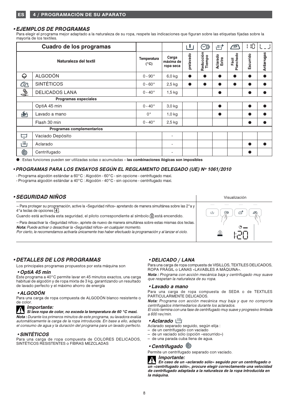 Cuadro de los programas, Ejemplos de programas •detalles de los programas, Seguridad niños | Optia 45 min, Algodón, Importante, Sintéticos, Delicado / lana, Lavado a mano, Aclarado | Fagor FET-6412WS User Manual | Page 8 / 60