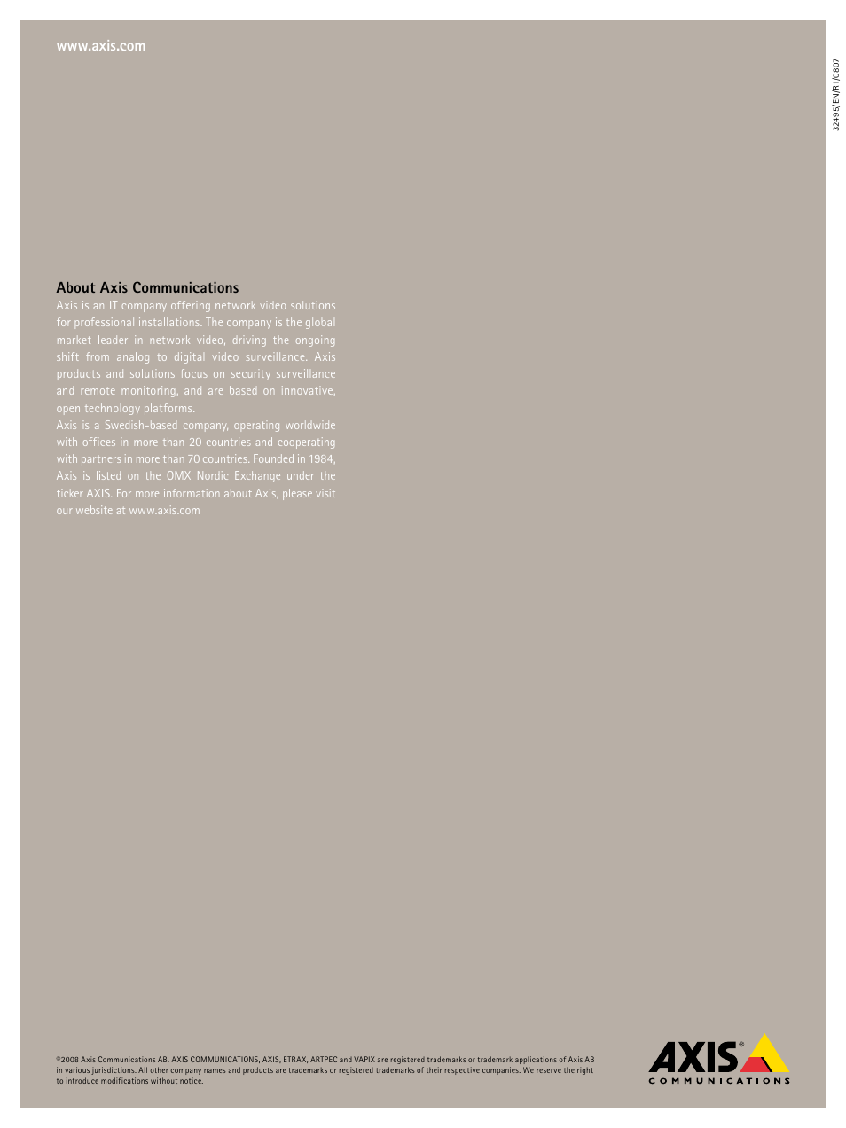 About axis communications | Axis Communications IP-Surveillance User Manual | Page 8 / 8