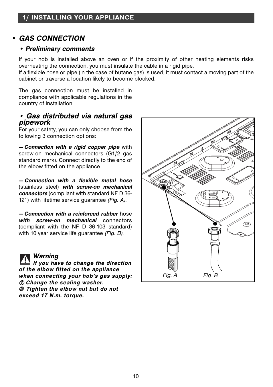 Gas distributed via natural gas pipework, Gas connection, Warning | Preliminary comments | Fagor 2MCF-2GSAXBUT User Manual | Page 10 / 68