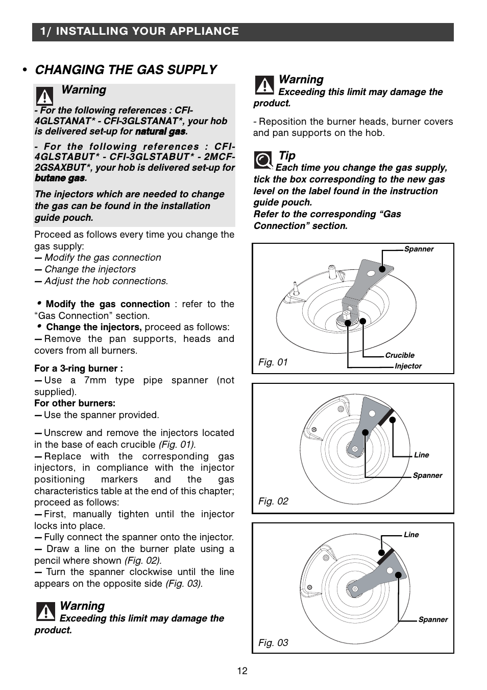 Changing the gas supply, Warning | Fagor 2MCF-2GSAXBUT User Manual | Page 12 / 68