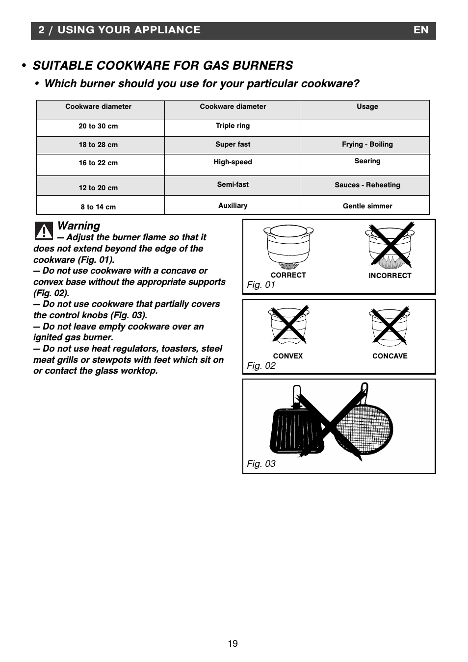 Suitable cookware for gas burners, 2 / using your appliance | Fagor 2MCF-2GSAXBUT User Manual | Page 19 / 68