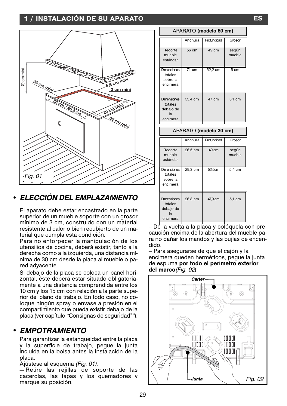 Elección del emplazamiento, Empotramiento, 1 / instalación de su aparato | Fig. 01 fig. 02 | Fagor 2MCF-2GSAXBUT User Manual | Page 29 / 68