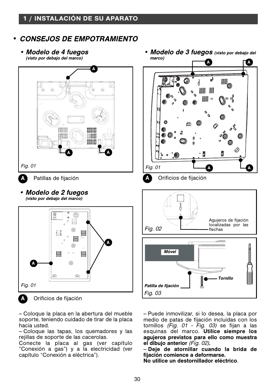 Consejos de empotramiento, Modelo de 4 fuegos, Modelo de 3 fuegos | Modelo de 2 fuegos, 1 / instalación de su aparato | Fagor 2MCF-2GSAXBUT User Manual | Page 30 / 68