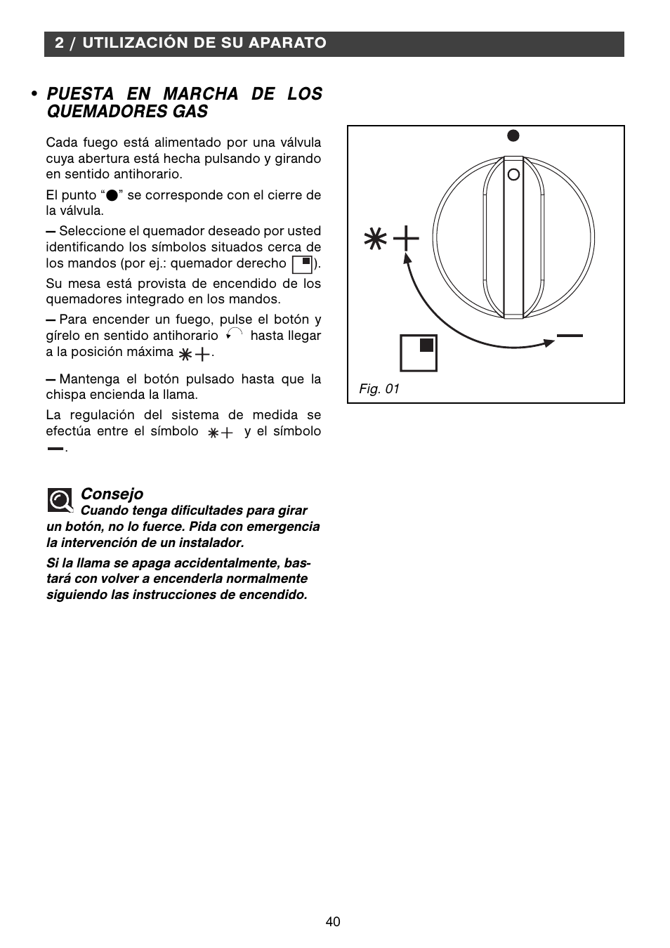 Puesta en marcha de los quemadores gas, Consejo | Fagor 2MCF-2GSAXBUT User Manual | Page 40 / 68