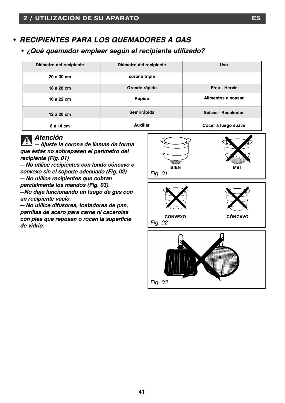 Recipientes para los quemadores a gas, 2 / utilización de su aparato | Fagor 2MCF-2GSAXBUT User Manual | Page 41 / 68